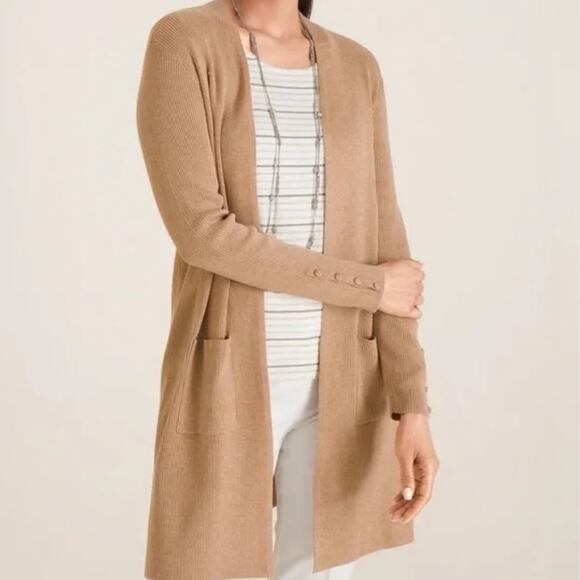 Chico's Petite Ribbed Front Pocket Long Cardigan Sweater Tan Khaki Size 0P Cozy - Picture 1 of 15